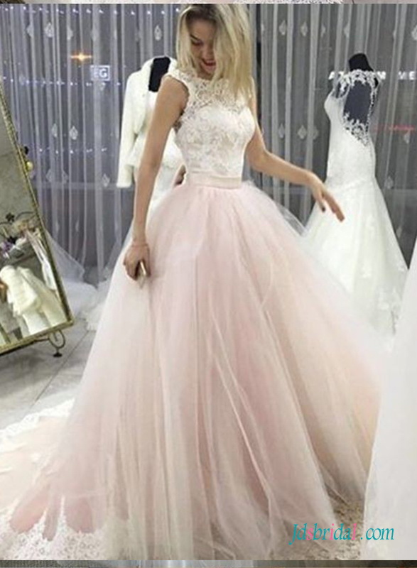 H0689 Pink and white tulle princess wedding ball gown dress