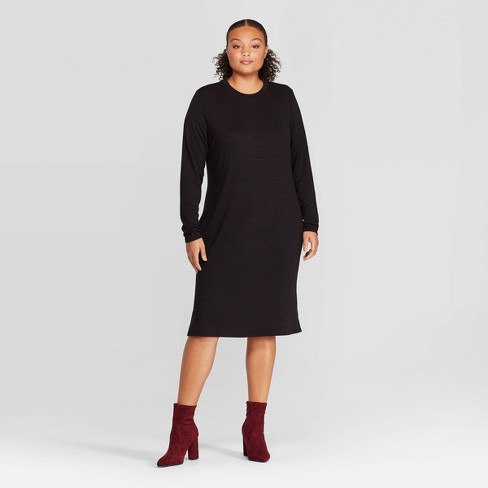Women's Plus Size Long Sleeve Crewneck Essential Knit Midi Dress .
