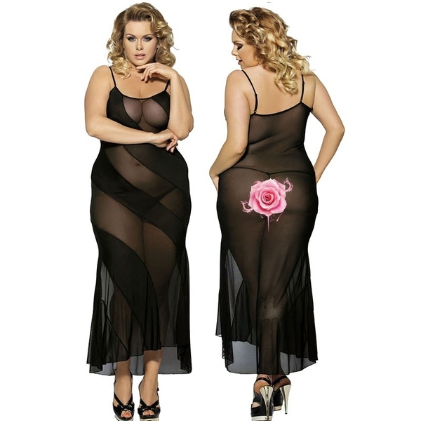 New Women Plus Size Sexy Black Lace Transparent Long Dress Evening .