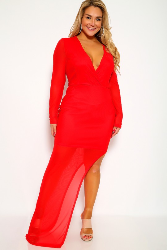 Sexy Red Plus Size Long Sleeves Plunging Party Dre