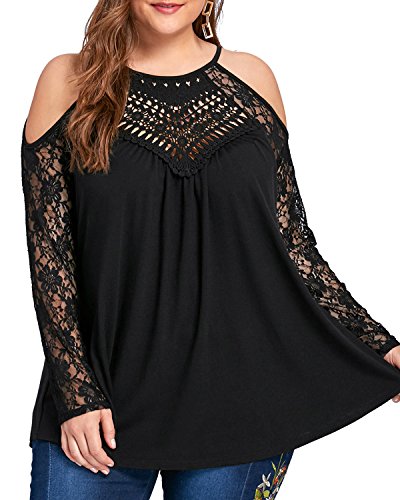GAMISS Women's Casual Plus Size Tops Off Shoulder Lace Long Sleeve .