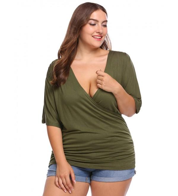 Women Plus Size Tops Solid Ruffle Sleeve Pullover Dolman Tunic V .