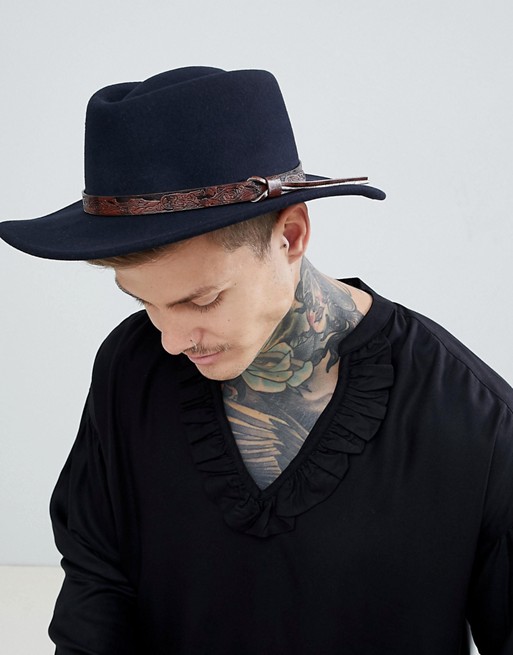 ASOS DESIGN pork pie hat with wide brim in navy with tan embossed .