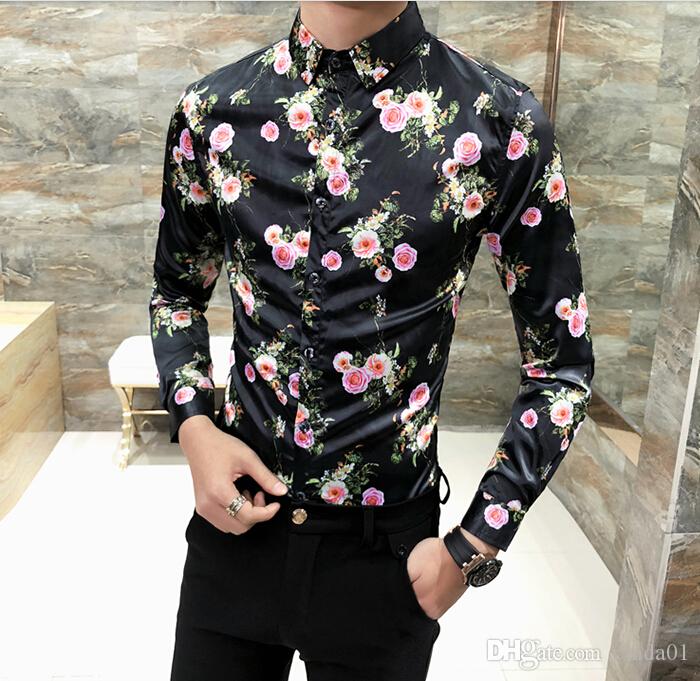 2020 Spring Fashion Men Floral Printed Shirt Long Sleeve Rose .