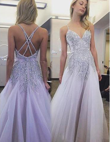 Spaghetti Prom Dress,Light Purple Prom Dresses,Beaded Prom Dresses .