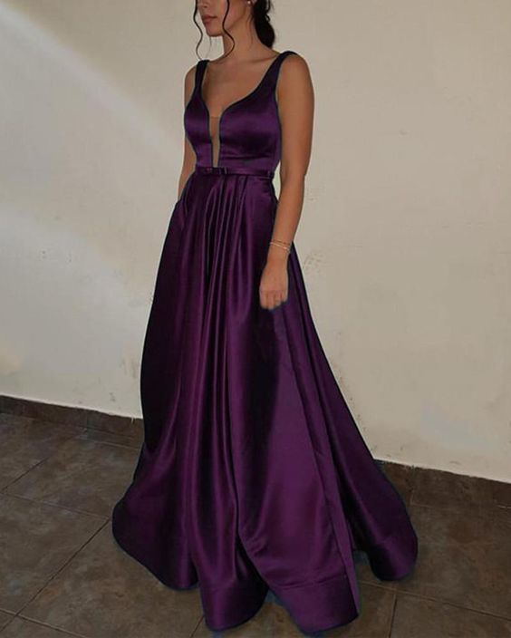 Purple Prom dress with Deep V Neck A Line Satin Formal Gown Long .