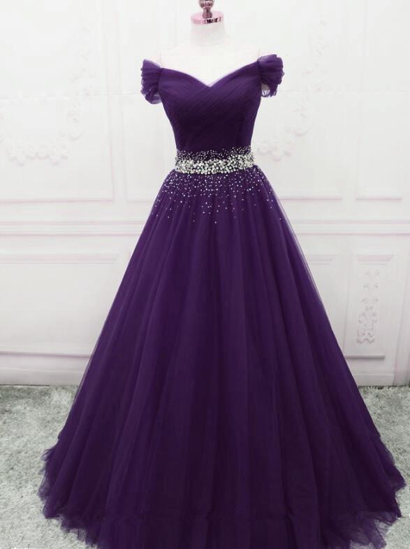 Charming Dark Purple Tulle Long Off the Shoulder Party Dress, Long .