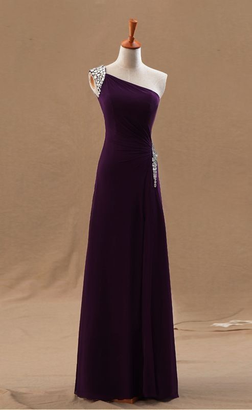 Beautiful Dark Purple One Shoulder Chiffon Prom Dresses, Prom .
