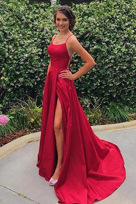 Red Prom Dress,Satin Prom Dress,A-Line Prom Dresses,Spaghetti .