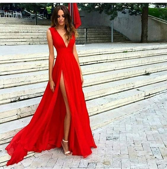 Split Prom Dresses,Red Formal Dress,Sexy Slit Evening Dress,V .