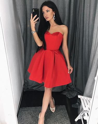 Short Simple Satin Red Homecoming Dress,Short Red Party Dresses .