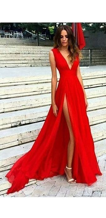Sexy Slit Evening Dress V Neckline Red Gowns Split Prom Party .