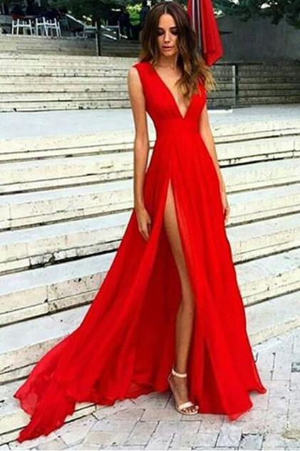 Sexy Deep V-neck Red Side Slit Sleeveless Prom Dress,Red Prom .