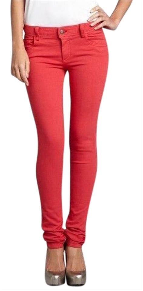 Alice + Olivia Red Long In Poppy Skinny Jeans Size 4 (S, 27) - Trade