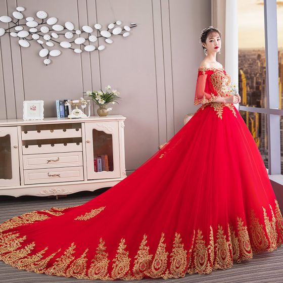 Chinese style Red Wedding Dresses 2019 Ball Gown Off-The .