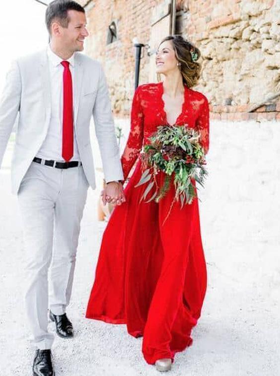 Red Wedding Dresses,Wedding Dress with Long Sleeves,Destination .