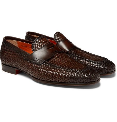Woven Leather Penny Loafers In Dark Brown | Dress shoes men .