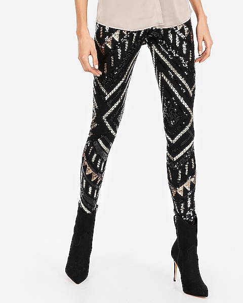 High Waisted Patterned Sequin Leggings | Expre