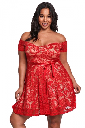 Womens Sexy Plus Size High Waisted Lace Off Shoulder Flare Dress .