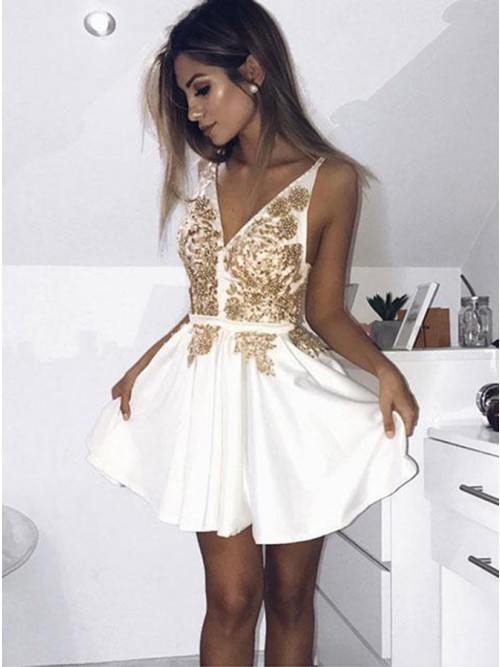 Buy V-Neck Sleeveless White Short Homecoming Dress with Gold .