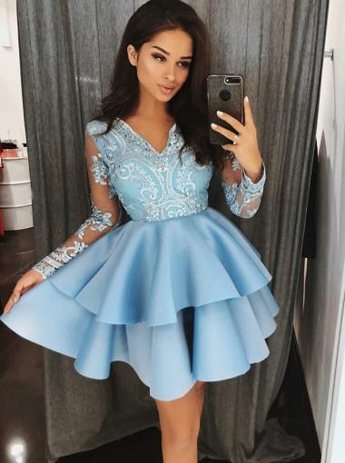Long Sleeves Blue Lace Cheap Short Homecoming Dresses Online .
