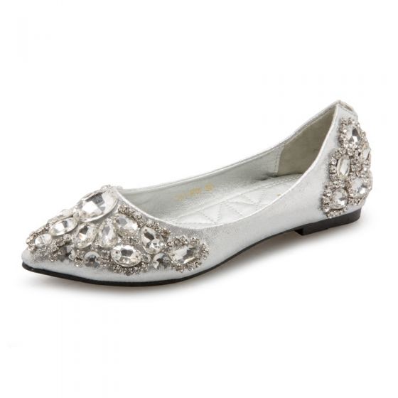 Sparkly Silver Wedding Shoes 2018 Rhinestone Pointed Toe Flat .