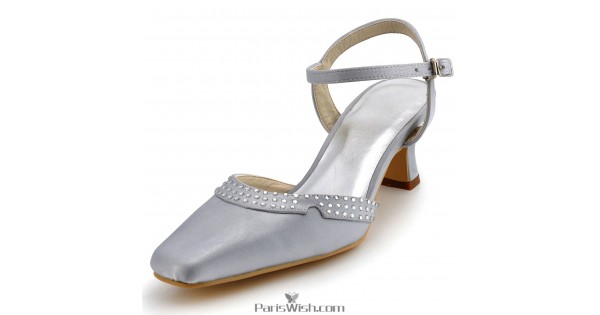 Square Toe Satin Silver Low Heel Comfortable Wedding Shoes Onli