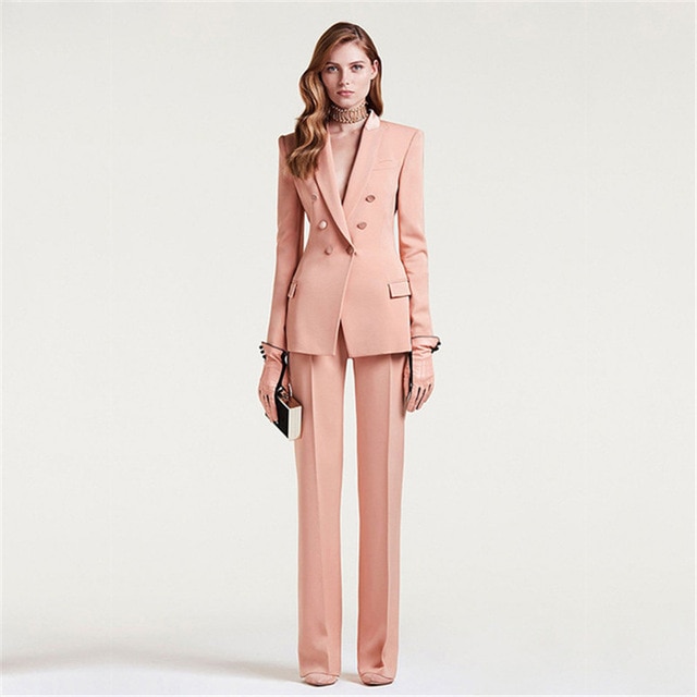 Pink Women's Double Breasted Business Suit Female Custom Made Slim .