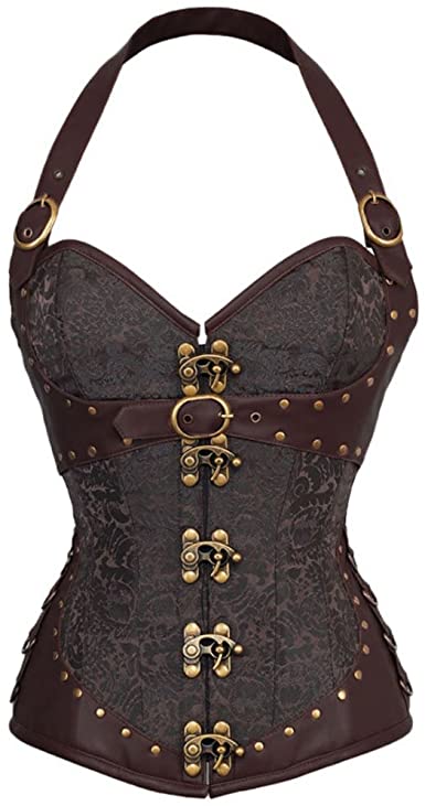 Sexy Push Up Halter Steampunk Corsets Brown Brocade Clasp Bustiers .
