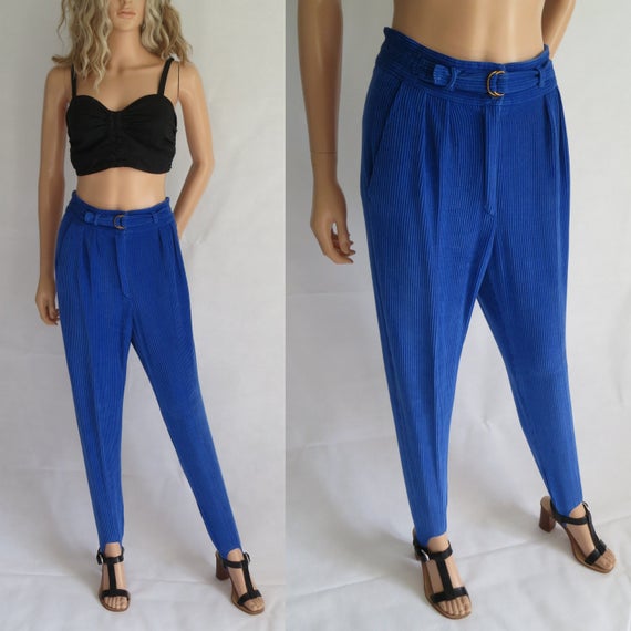 Blue corduroy stirrup pants 80's retro high waist mom | Et