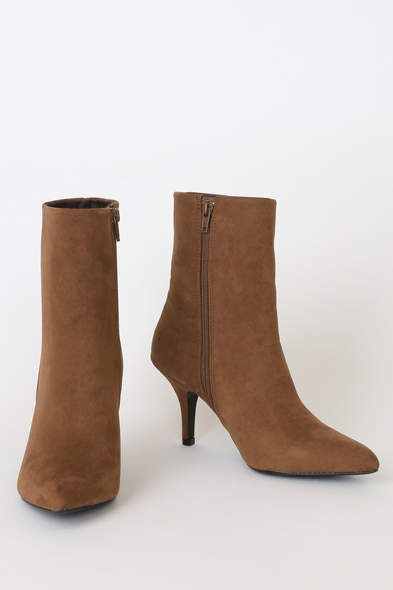 Sexy Brown Suede Boots - Mid-Calf Boots - Kitten Heel Boo