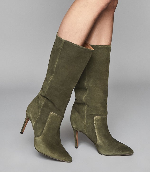 Lily Khaki Green Suede Point Toe Boots – REI