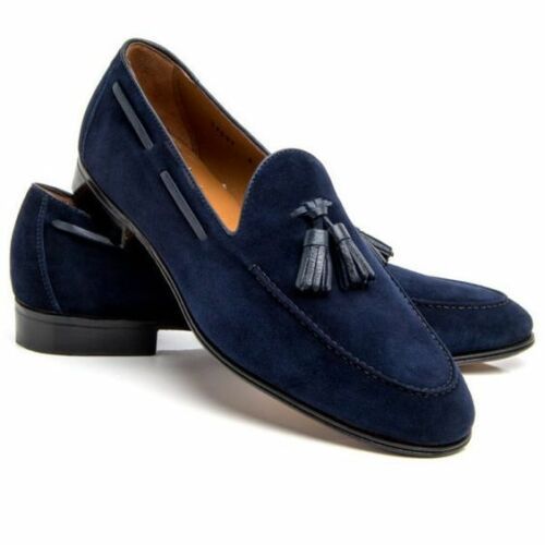 Handmade Men Suede Slip Ons Formal Shoes, Tussled Navy Blue .
