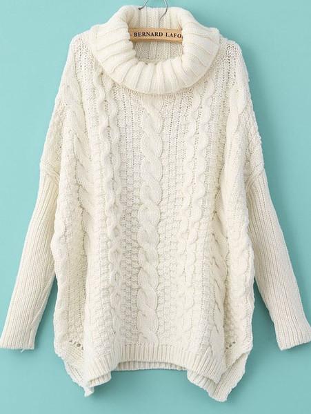 Winter Fashion White Long Sleeve Turtleneck Chunky Cable Knit .