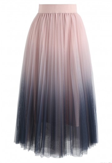 Cherished Memories Gradient Pleated Tulle Skirt in Pink - Retro .
