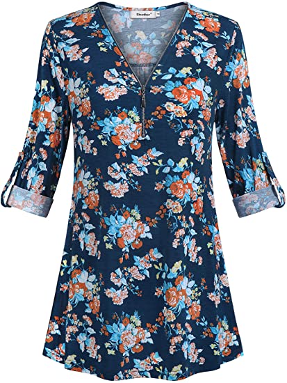Sixother Floral Casual Women Tunic Tops Roll Up 3/4 Sleeve Zipper .