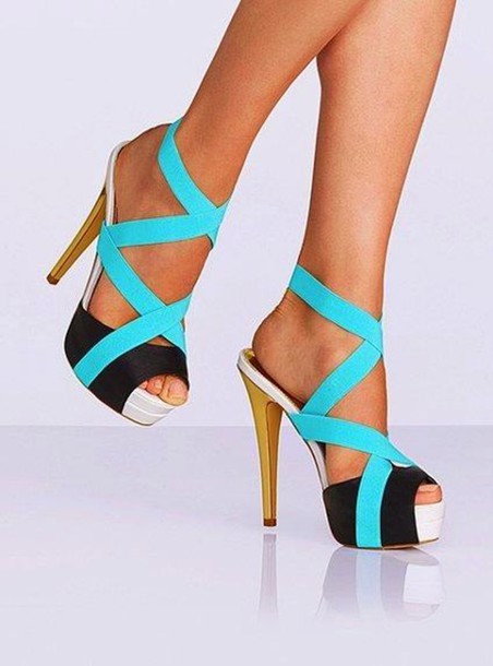 shoes, teal heels, teal, black and white heels, open toes, high .