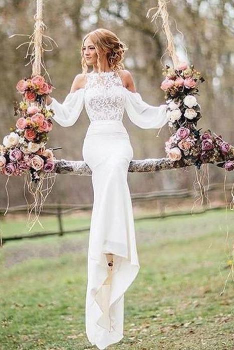 Unique Lace Top Long Sleeves Mermaid Long Wedding Dress – Okdress