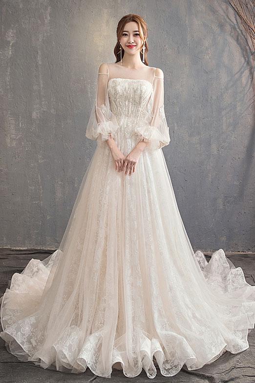 Unique tulle lace long wedding dress, tulle lace bridal dre