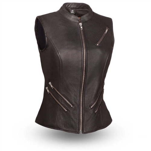Women's Leather Motorcycle Vests - Zip Style (Top Rate