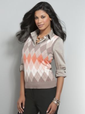 Women's Orange Argyle Sweater Vest by New York & Company Size .