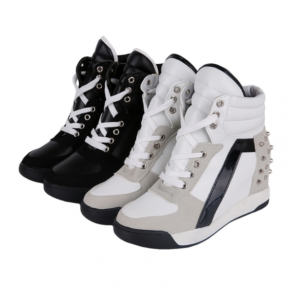 Ladies Women's Fashion Wedge Sneakers Hidding Heels Black White .