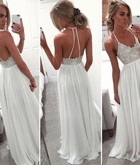 A-line Backless Lace Long Prom Dresses, Formal Dresses, White .
