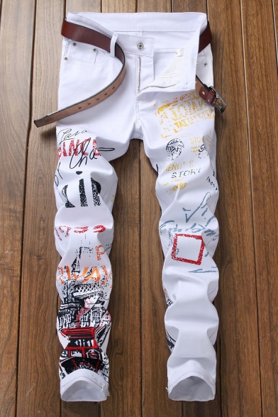 New Trendy Letter Printed Stretch Slim Fit White Jeans for Men .