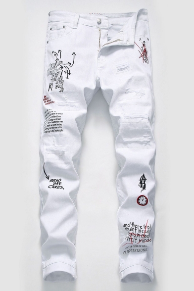 Men's New Fashion Letter Printed White Casual Slim Ripped Jeans .