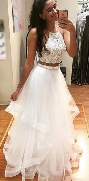 Two Pieces White Prom Dress Long, Prom Dresses,Graduation Party .