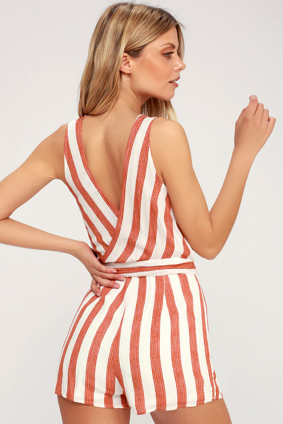 Cute Red and White Striped Romper - Sleeveless Romp