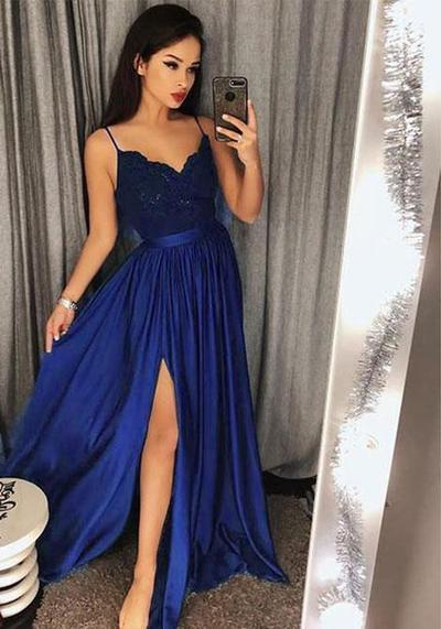 Royal Blue A-line Long Prom Dress with Slit Sweet 16 Dance Dress .