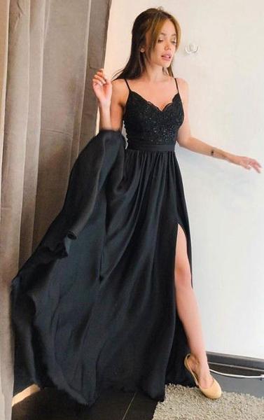 Black A-line Long Prom Dress with Slit Sweet 16 Dance Dress .