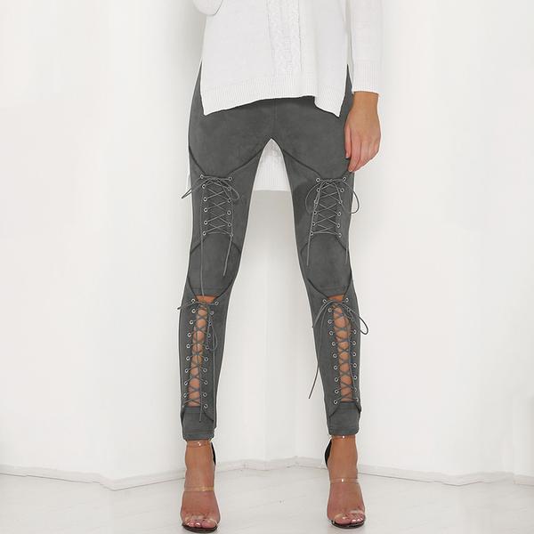 2018 New Suede Leather Sexy Bandage Legging Lace-Up Women's Pants .